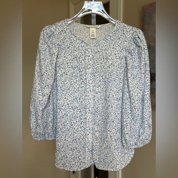 H&M Linen Floral Button Down Blouse Women’s size Small Blue and White S - Picture 1 of 6